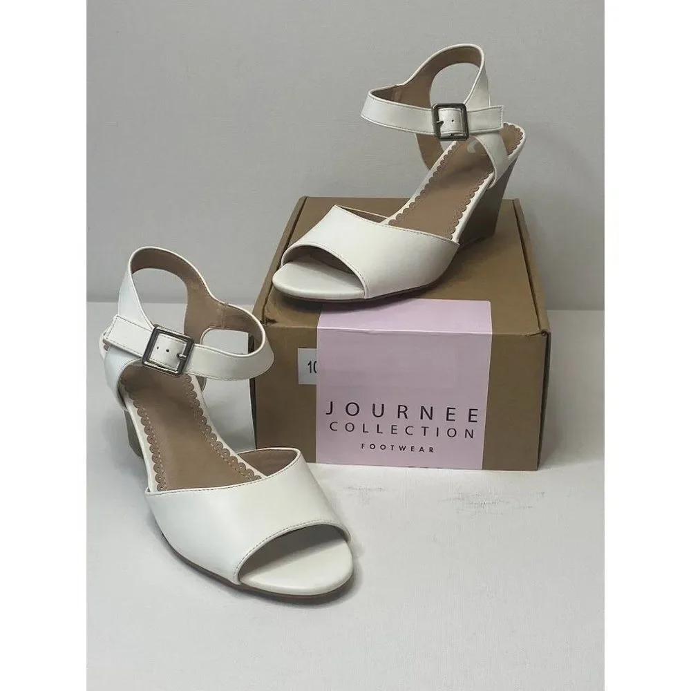 Journee Collection Wedge Dress Sandal‎ Women's 10 White Adjustable Strap NEW